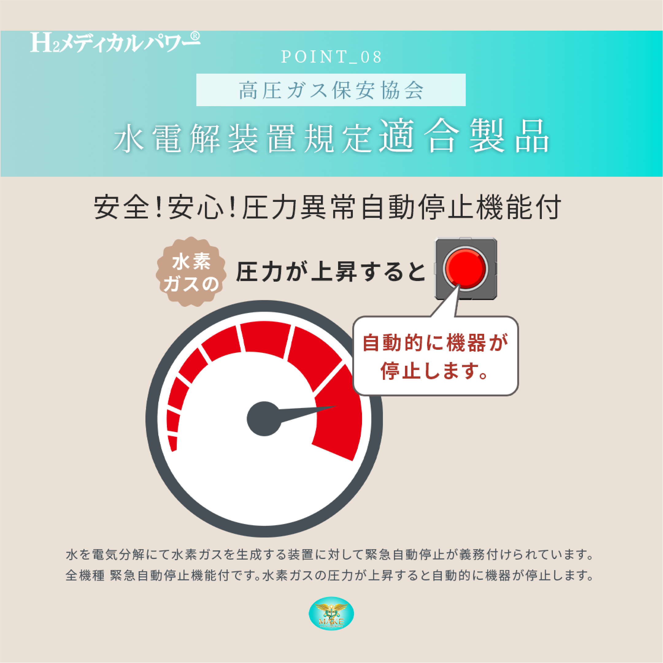 高圧ガス保安協会規定に適合した水素酸素吸入器の圧力異常自動停止機能の説明図