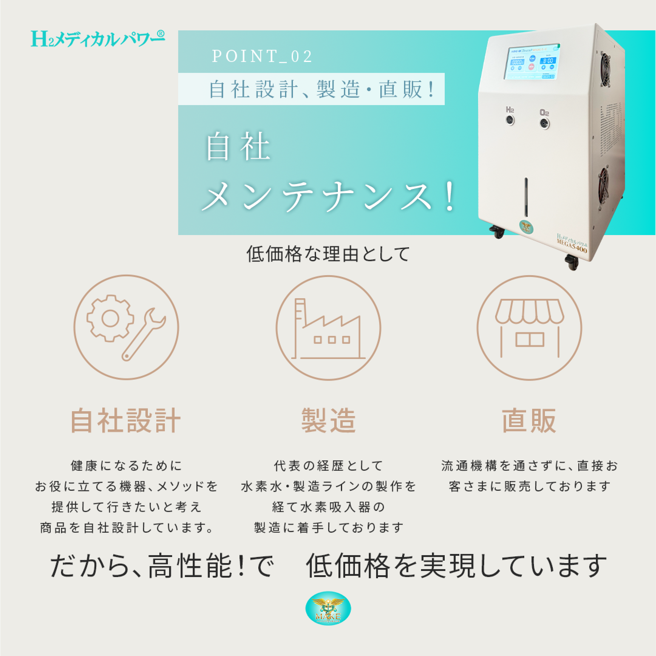 水素酸素吸入器の自社設計・製造・直販によるコスト削減と高性能を解説したイメージ