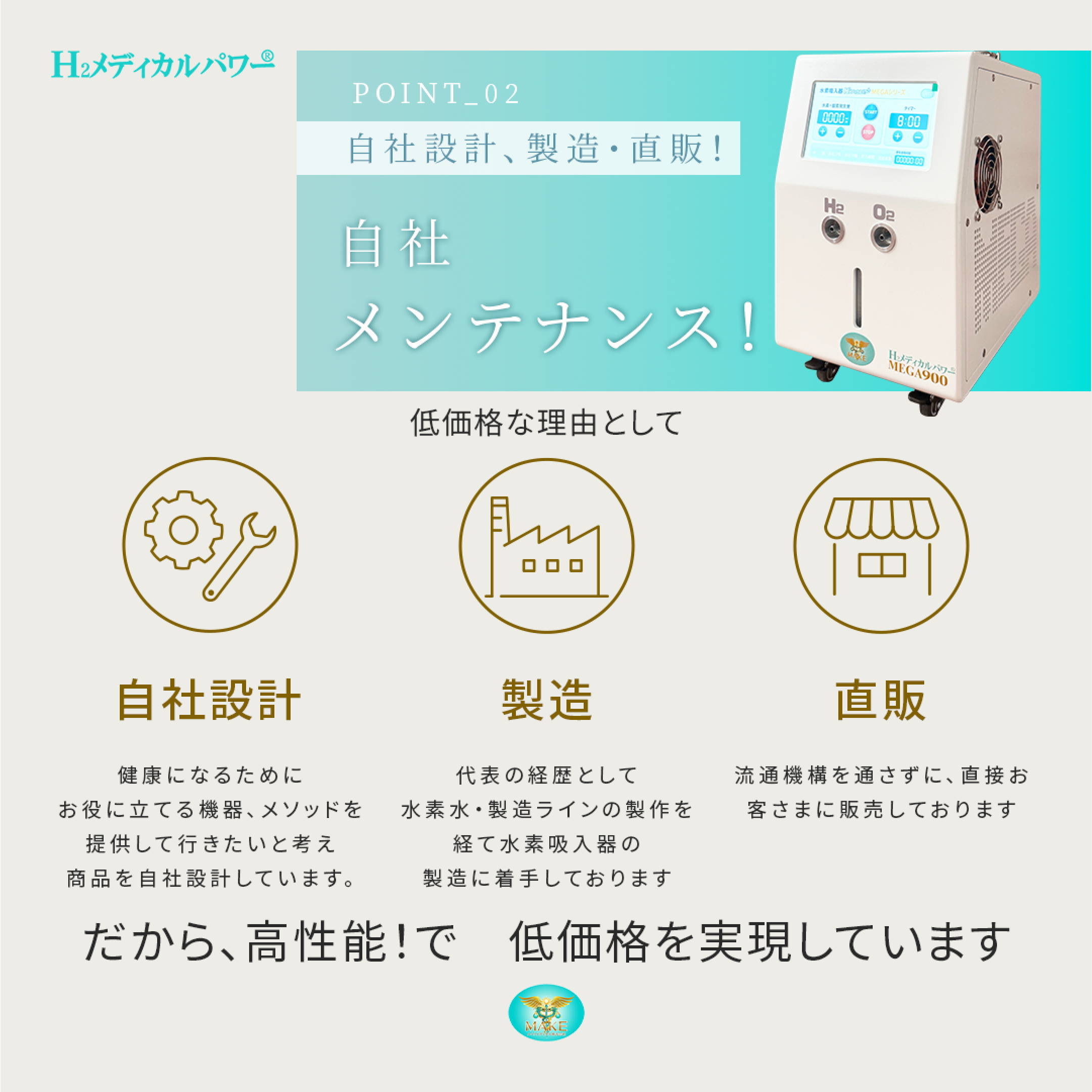 水素酸素吸入器の自社設計・製造・直販によるコスト削減と高性能を解説したイメージ
