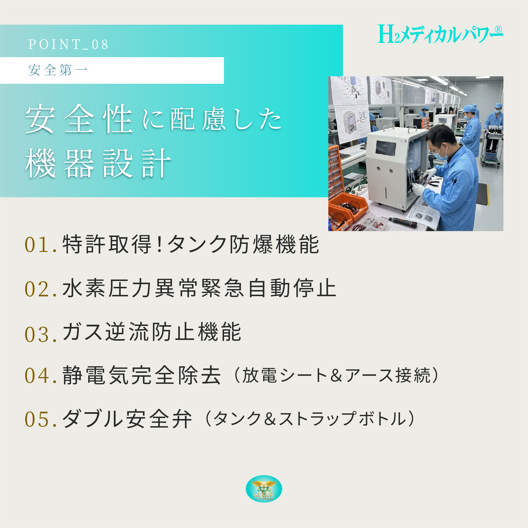 水素酸素吸入器の防爆機能・圧力異常自動停止・逆流防止など安全設計と製造工程のイメージ
